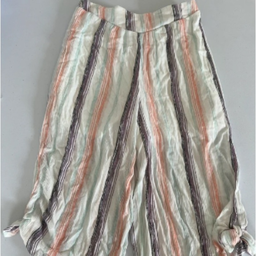 Wide Leg Striped Tie-Hem Pants in Cream and Coral